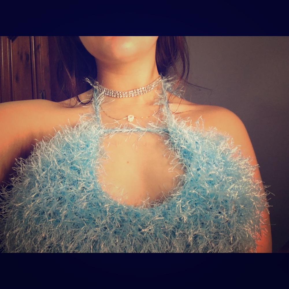 Baby blue fuzzy crochet crop top